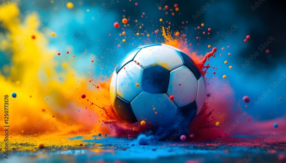 Fototapeta premium Soccer Ball Impact with Splashes of Vibrant Color Background for Sports