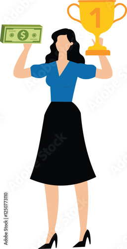 Championship trophies and prizes, incentives or rewards, businesswomen clutching trophies and banknotes
