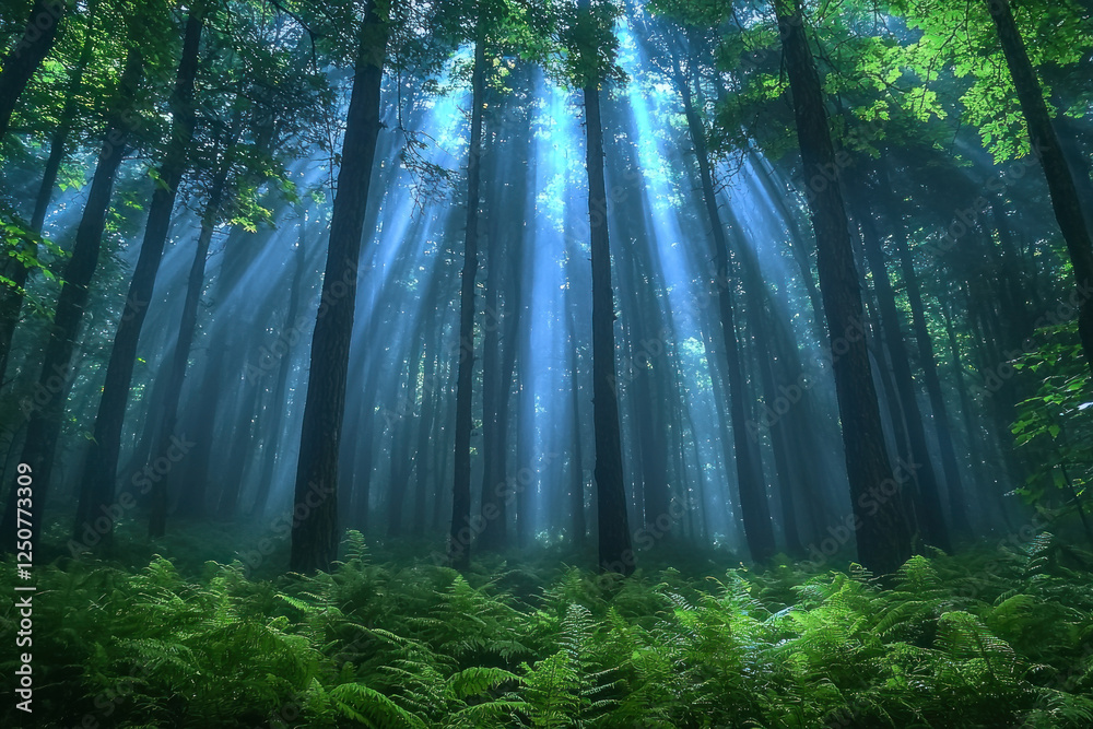 Obraz premium Sunbeams pierce misty forest illuminating ferns