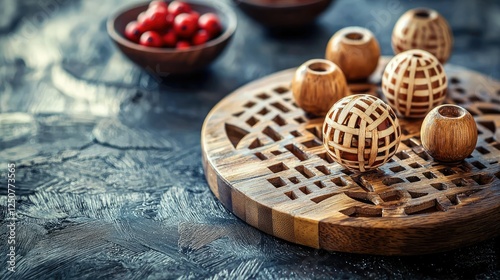 Decorative Wooden Balls on a Carved Tray with Red Berries