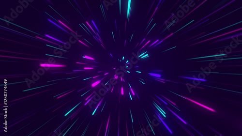 Futuristic neon light zoom burst with streaks racing into infinity. A dynamic, high-energy background for sci-fi, tech, and digital themes.