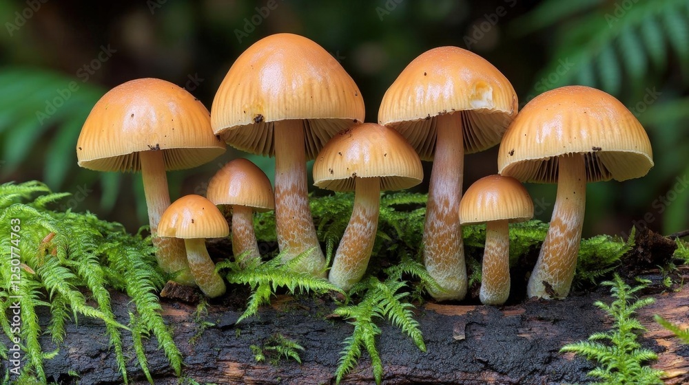 Cluster Of Tan Mushrooms On Log With Moss Cluster Of Tan Mushrooms On Log With Moss