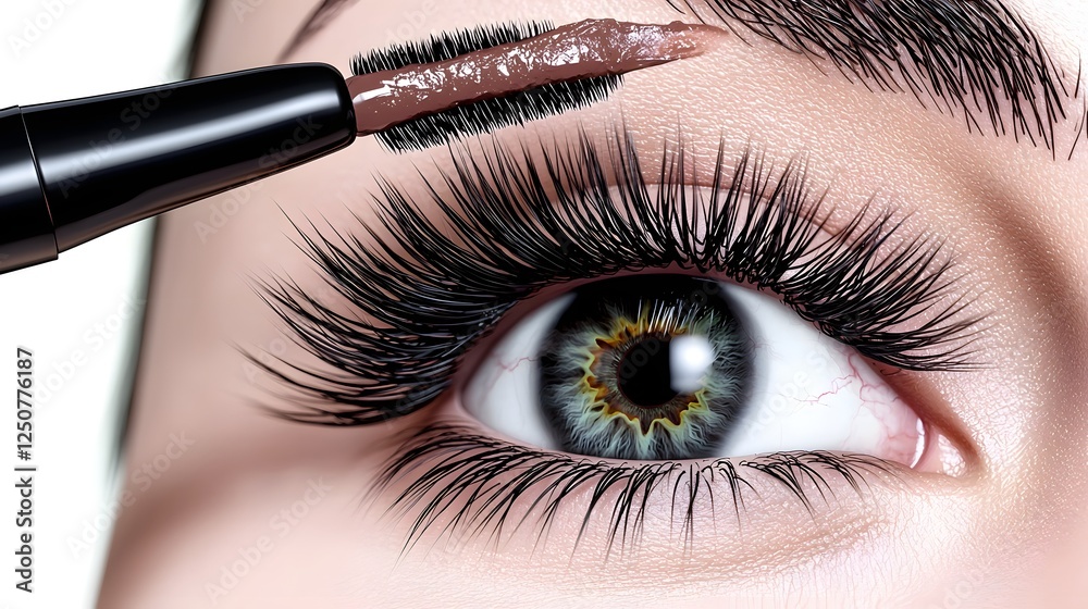 Captivating Close up of Mascara Application on Vivid Iris and Lush Lashes in Beauty Composition Stunning 3D showcasing the intricate details of eye makeup from perfectly defined brows to volumized