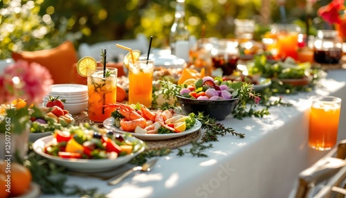 Outdoor Dining Table with Fresh Food and Drinks in Sunlight