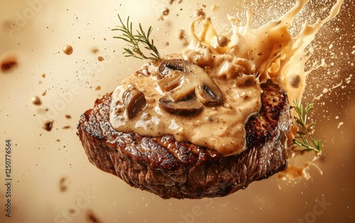 flying sizzling porterhouse steak with splashes of creamy mushroom sauce on a pastel brown background photo