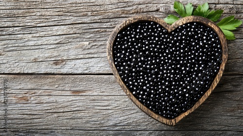 Black Caviar in Heart-Shaped Wooden Bowl on Rustic Wood Background