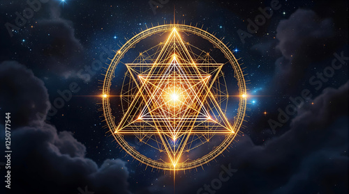 Golden Sacred Geometry Symbol Against a Starry Night Sky photo
