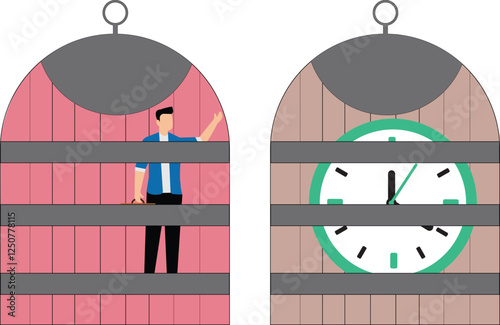 Businessmen with no time at their disposal and no time freedom, overworked without breaks, businessmen trapped inside a cage eager to catch the clock inside another cage