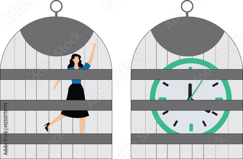 Businesswomen with no time at their disposal and no time freedom, overworked without breaks, businesswomen trapped inside a cage eager to catch the clock inside another cage