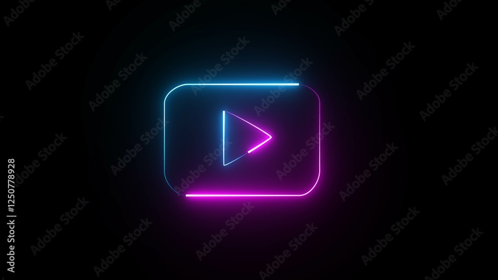 Neon audio and video player stop start button icon. Neon play button on black background. Press to play. Neon audio and video player stop start button icon. Neon play button on black background. Press to play.