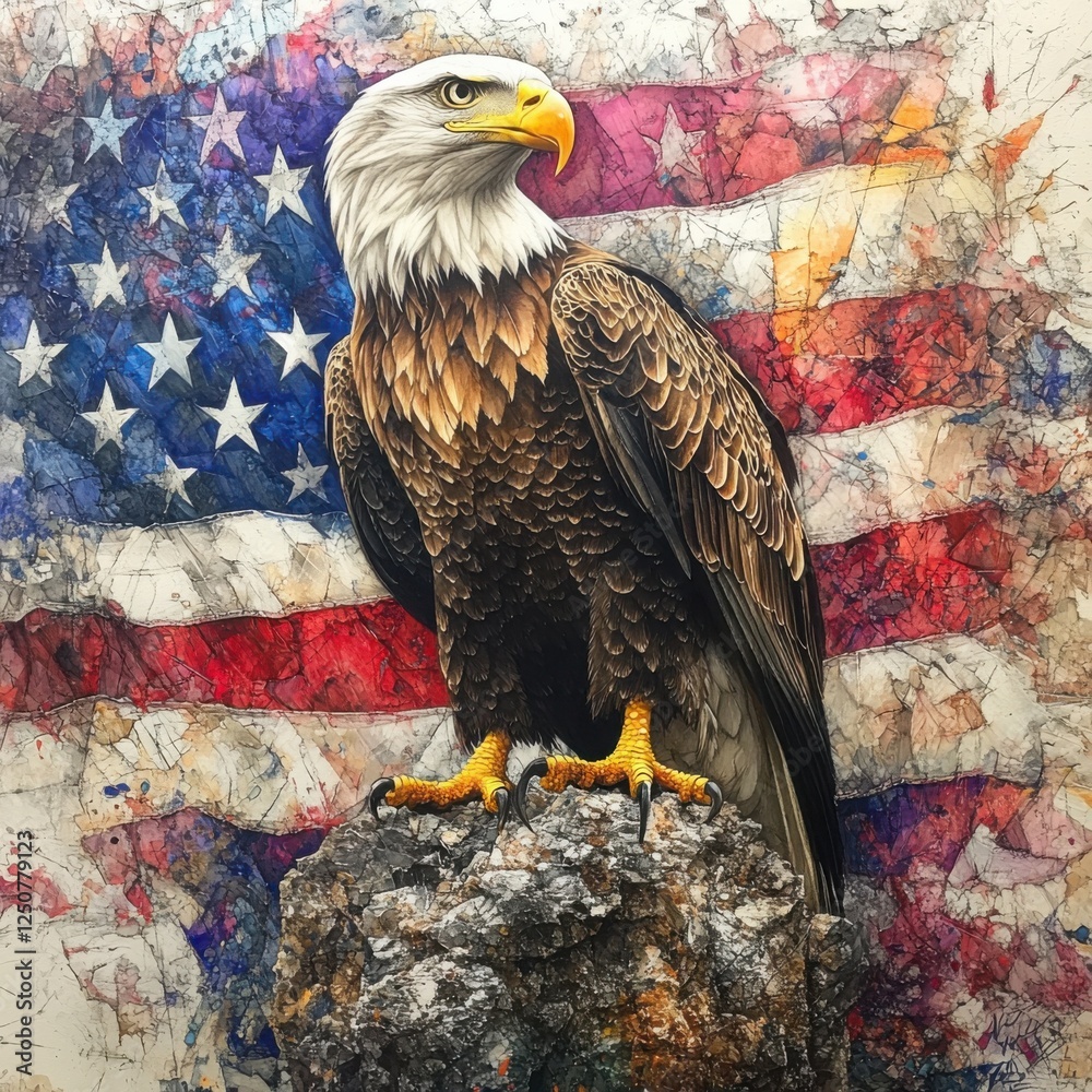 Naklejka premium Majestic Bald Eagle Perched on Rock Against American Flag Background