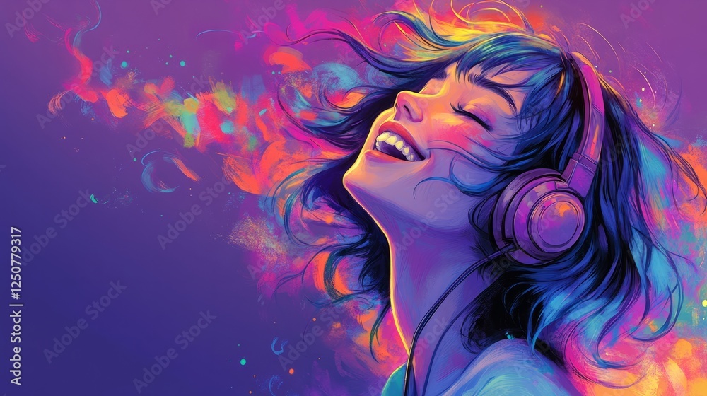 A young woman with headphones, laughing, with a bright purple background, her hair flowing freely A young woman with headphones, laughing, with a bright purple background, her hair flowing freely