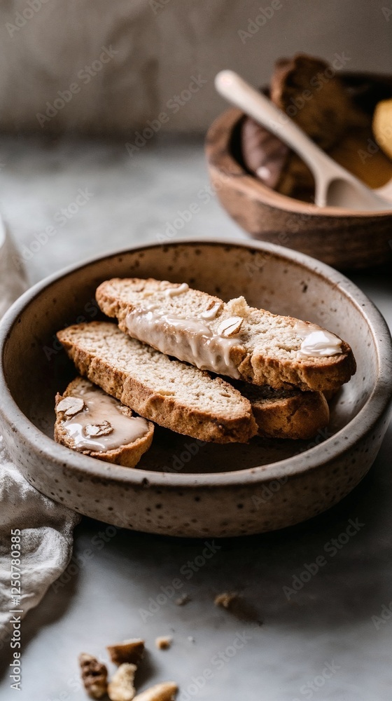 Fototapeta premium Rustic breakfast scene with sliced bread and cream topping on ceramic plate