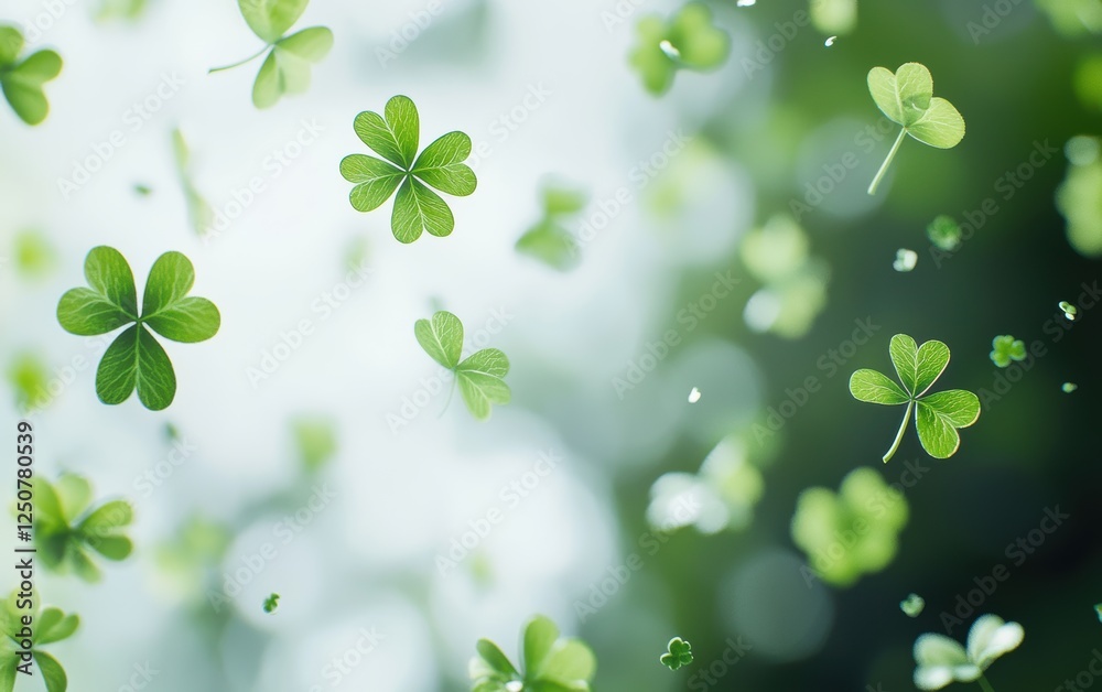 Minimalistic modern abstract background with floating shamrocks in blurred focus for Saint Patricks Day, with space for text Minimalistic modern abstract background with floating shamrocks in blurred focus for Saint Patricks Day, with space for text