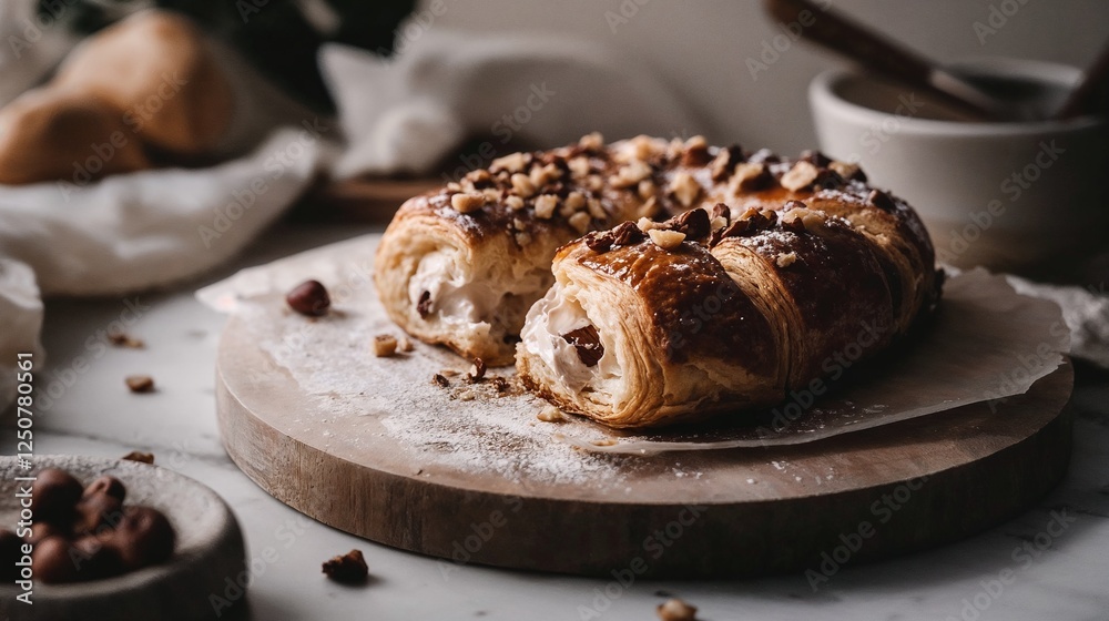 Gourmet hazelnut pastry with cream filling on rustic wooden plate for dessert lovers Gourmet hazelnut pastry with cream filling on rustic wooden plate for dessert lovers