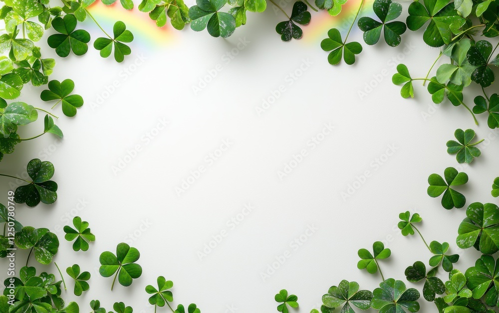 Minimalistic soft white background with a delicate rainbow and shamrocks in the corners for Saint Patricks Day, with space for text Minimalistic soft white background with a delicate rainbow and shamrocks in the corners for Saint Patricks Day, with space for text