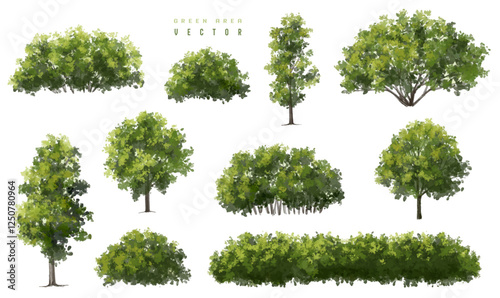 Vertor set of green tree,plants side view for landscape elevations,element for backdrop,eco environment concept design,watercolor greenery scene,shrub