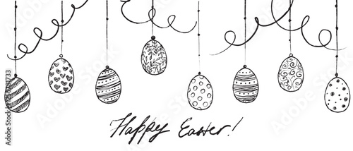 Happy Easter background. Easter holiday greeting card design. Easter eggs on strings in brush stroke texture isolated on white . Hand drawn vector sketch illustration in vintage charcoal ink