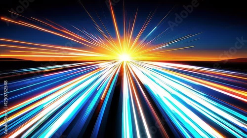 Colorful light trails converge towards a bright light source at the horizon during sunset, creating an abstract and dynamic motion background