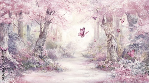 A serene Chinese oriental Blossom Garden, showcasing a dreamy pink fantasy landscape adorned with butterflies, captures the essence of spring's gentleness and beauty, presenting a harmonious nature