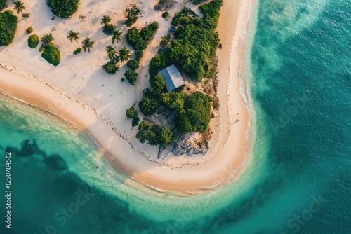 Aerial View of Tropical Island in Vilankulo, Mozambique: A Paradise of Blue Waters, Golden Sand, and Summer Skies photo