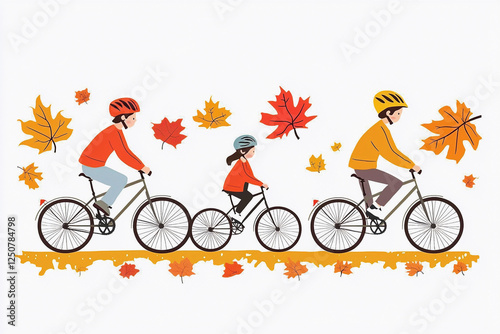 Family enjoys a bike ride through autumn leaves