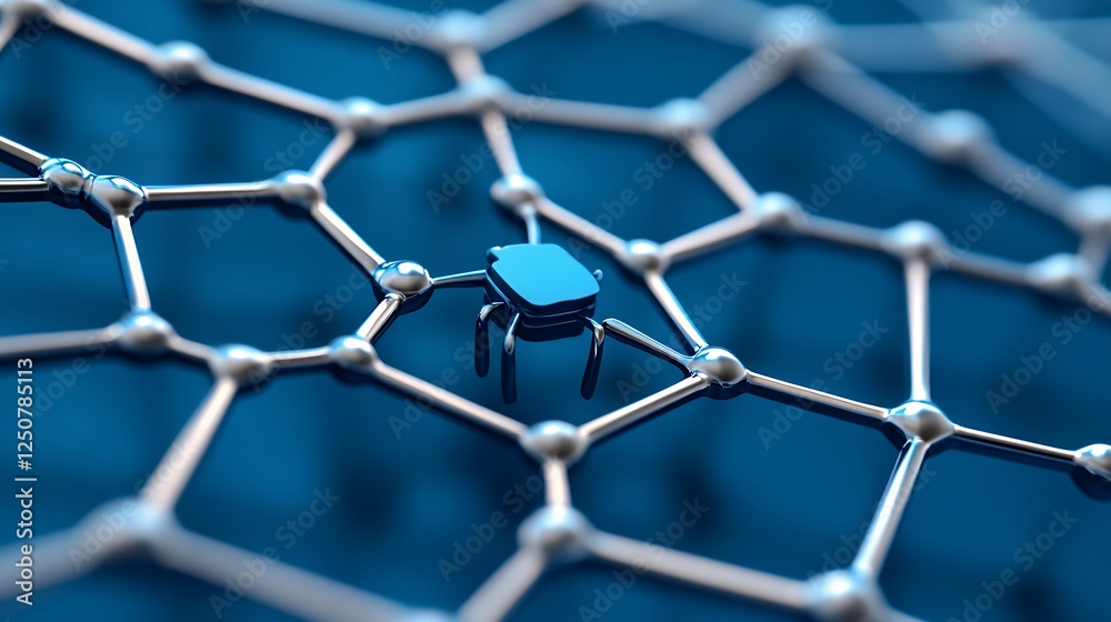 Fototapeta premium Dark Blue Robot Navigating a Metallic Hexagonal Network