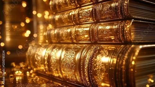 Gold-bound books stacked, bokeh background, library, antique, decorative, inspiration, learning, history photo
