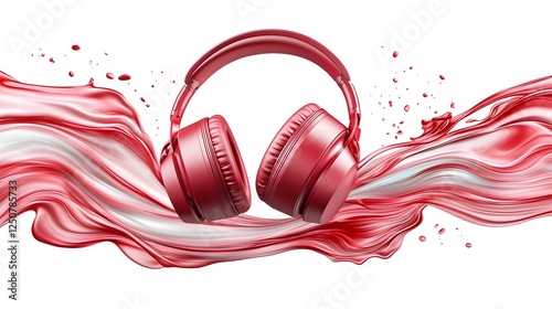 Vibrant red headphones surrounded by dynamic flowing liquid motion against a clean minimalist white background  A captivating 3D showcasing the intersection of technology style and expression