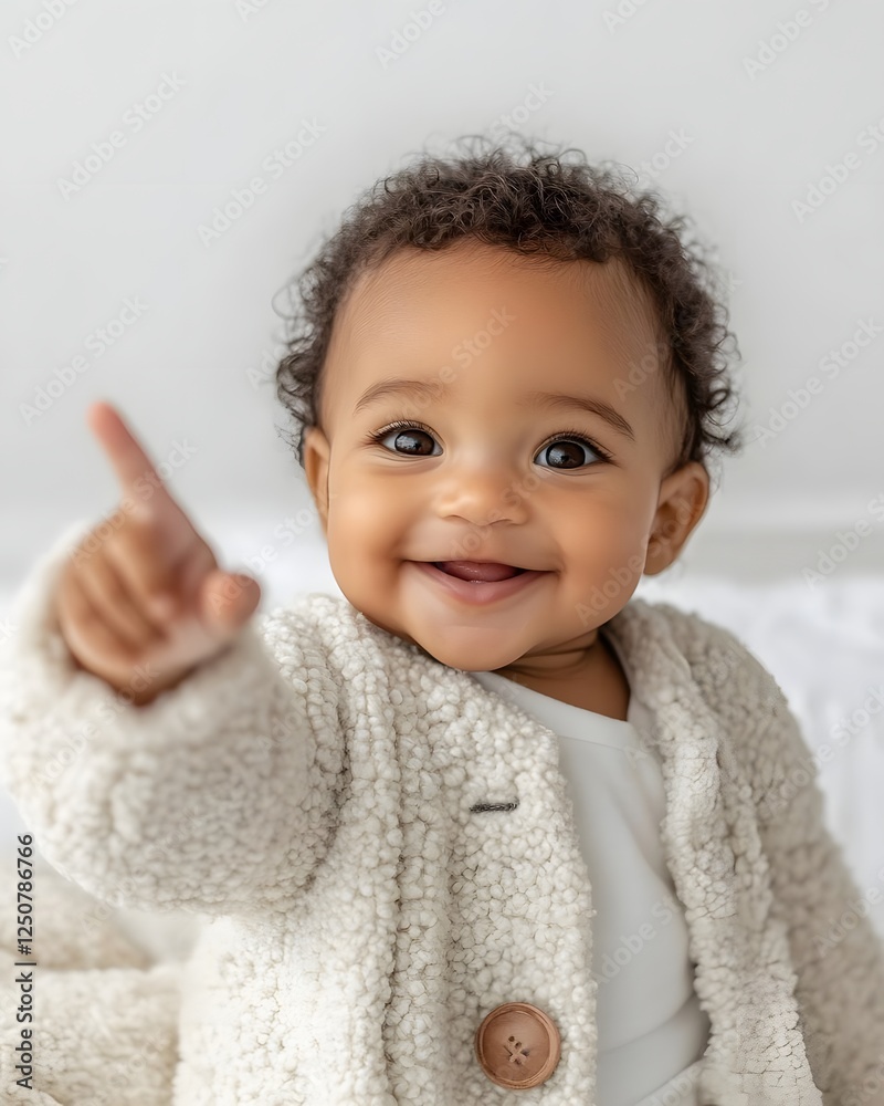 Happy baby wearing a cozy cream-colored sweater, smiling and pointing joyfully in a bright room Happy baby wearing a cozy cream-colored sweater, smiling and pointing joyfully in a bright room
