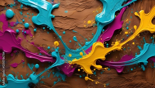 vibrant abstract background with colorful, swirling paint splatters in shades of turquoise, magenta, and golden yellow