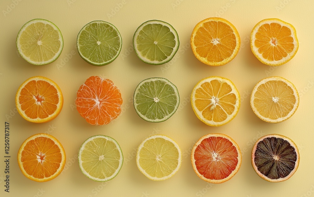 Fototapeta premium Sliced citrus fruits including oranges, lemons, and limes placed beautifully on a pastel yellow background