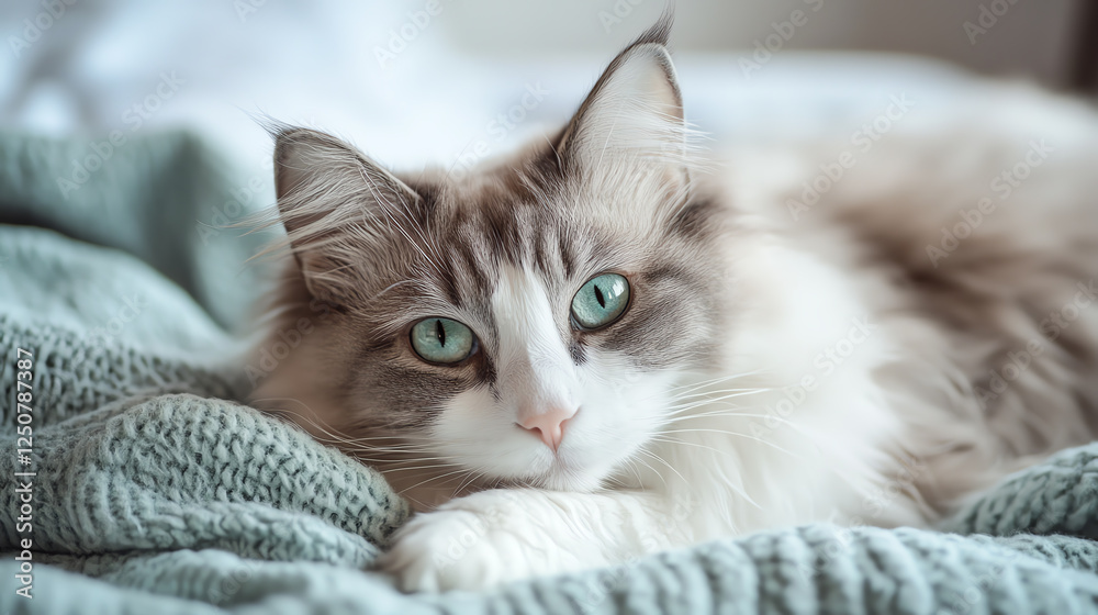 A close-up shot of a fluffy cat with striking green eyes, resting comfortably on a soft blanket. The cat's gentle expression conveys a sense of tranquility and companionship. A close-up shot of a fluffy cat with striking green eyes, resting comfortably on a soft blanket. The cat's gentle expression conveys a sense of tranquility and companionship.