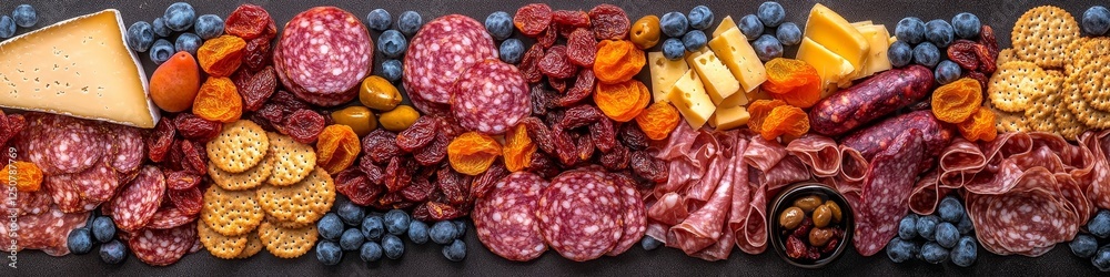 Gourmet Cheese And Charcuterie Board With Cured Meats, Assorted Cheeses, Dried Fruits, And Crackers Gourmet Cheese And Charcuterie Board With Cured Meats, Assorted Cheeses, Dried Fruits, And Crackers