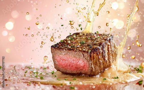 flying thick-cut chateaubriand steak with splashes of buttery cognac sauce on a pastel champagne background photo