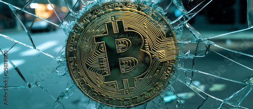 A close-up view of a Bitcoin symbol behind shattered glass, symbolizing the fragility and volatility of cryptocurrency in the digital age, amidst an urban background. photo