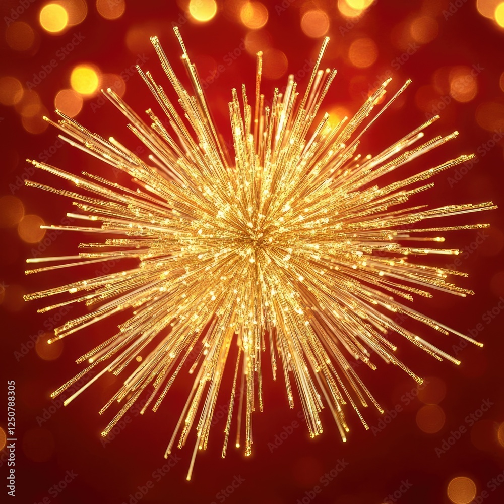 Obraz premium Abstract Red Background with Blurred Gold Star Bursts and Dazzling Christmas Lights in Bokeh Effect