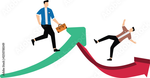 Businessmen who make money on investments versus those who lose money, business failures versus successes, instability of investments, businessmen running on up arrows versus falling on down arrows