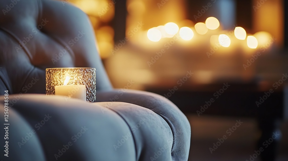 Obraz premium Cozy armchair with a lit candle creating a warm inviting atmosphere in soft focus : Generative AI