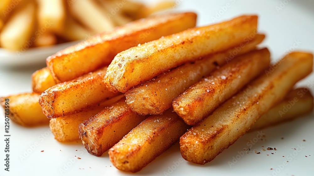 Sliced potatoes in the background with one whole potato and several thinly sliced potato chips in the foreground. Sliced potatoes in the background with one whole potato and several thinly sliced potato chips in the foreground.