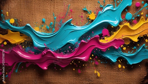 vibrant abstract background with colorful, swirling paint splatters in shades of turquoise, magenta, and golden yellow