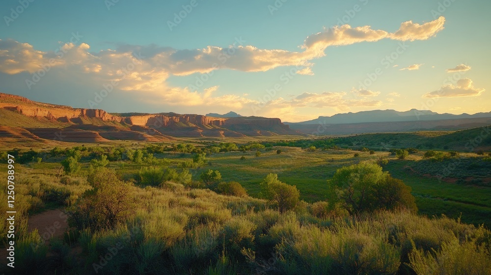 Fototapeta premium Stunning Sunset Over Sandstone Cliffs at Gemini Bridges in Arches National Park, Moab, UT