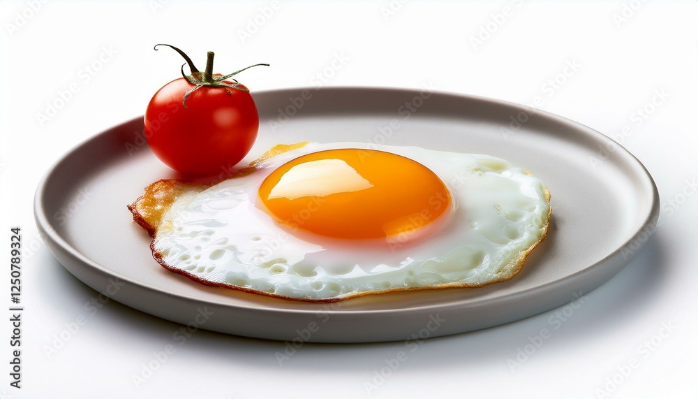 A perfect sunny side up egg with one cherry tomato on the side in a platter; selective focus; white background, studio shot, top view, isolated A perfect sunny side up egg with one cherry tomato on the side in a platter; selective focus; white background, studio shot, top view, isolated
