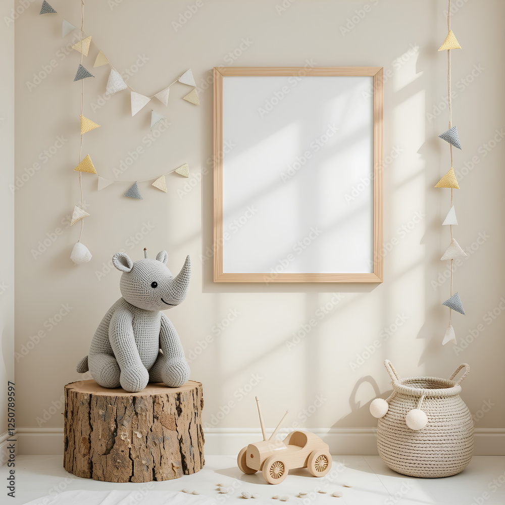 Scandinavian kid's room interior with mock up frame, wooden car, plush rhino, and pastel garland – minimalist and cozy nursery design Scandinavian kid's room interior with mock up frame, wooden car, plush rhino, and pastel garland – minimalist and cozy nursery design