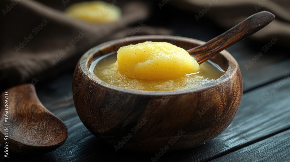 A wooden bowl with a tablespoon of mashed potatoes and water.