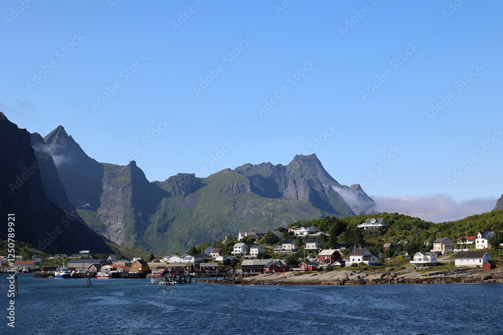 View off the fantastic mountain scenery on the coast of Reine, Lofoten, Norway View off the fantastic mountain scenery on the coast of Reine, Lofoten, Norway