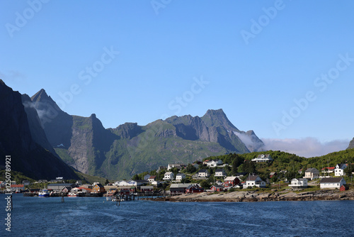 View off the fantastic mountain scenery on the coast of Reine, Lofoten, Norway   photo