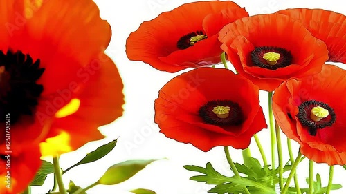 Vibrant red poppies showcasing delicate petals and elegant details, standing against pristine white background with stunning botanical precision