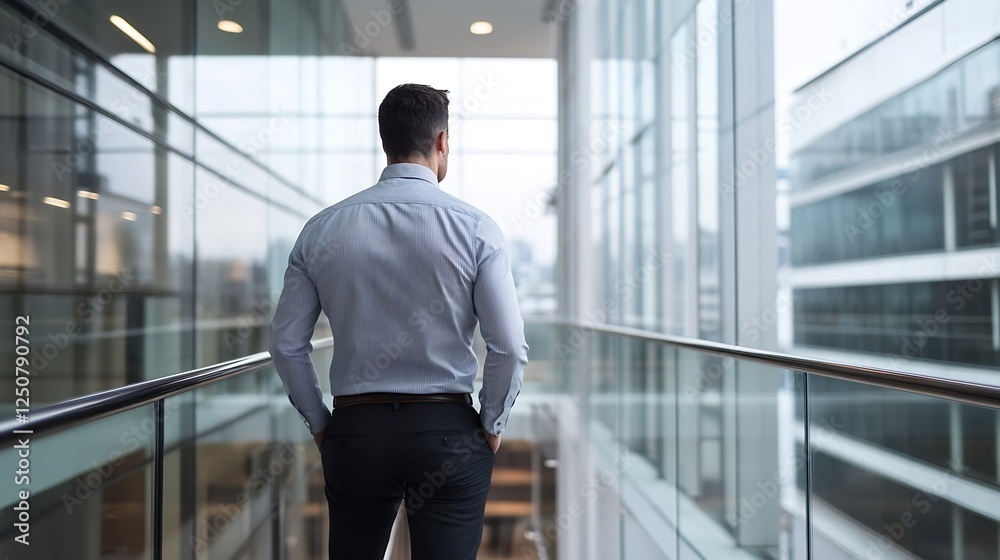 Man in casual shirt stands in modern office looking out of large glass window observing the city skyline : Generative AI Man in casual shirt stands in modern office looking out of large glass window observing the city skyline : Generative AI