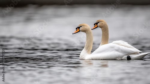 Pair of elegant swans swimming together on a rippling lake under soft natural light : Generative AI photo